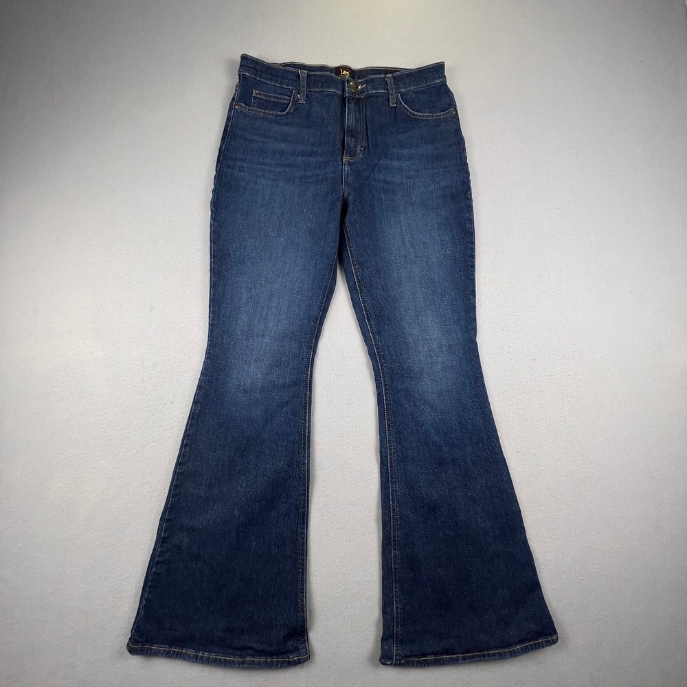 VTG Lee Flare Jeans Womens 32 Dark Wash Wide Leg Denim Retro Boho Classic